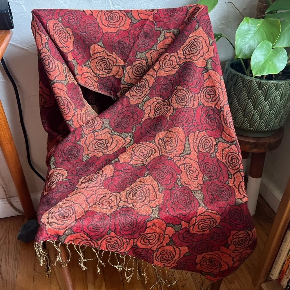 Boho Red Rose Floral Pashmina Style Shawl Scarf Jacquard Wrap